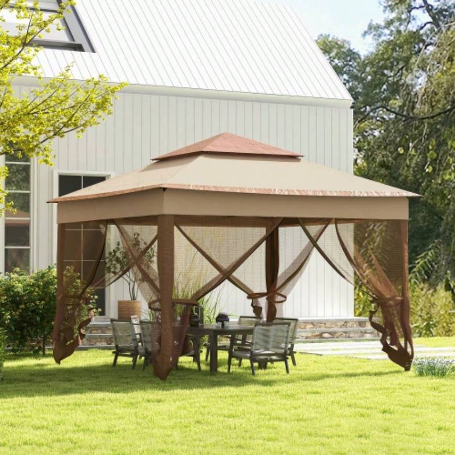 Outsunny 11x 11 Up Canopy, Outdoor Patio Gazebo Shelter with Removable Zipper Netting, Instant Event Tent/ 114 Square Feet of Shade and Carry Bag Backyard, Garden, Khaki