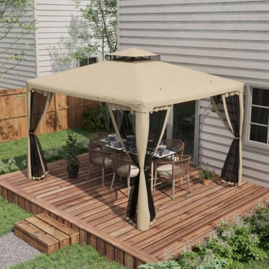 Outsunny 9.6x 11.6 Patio Gazebo, Outdoor Canopy Shelter with 2 - Tier Roof and Netting, Steel Frame Garden, Lawn, Backyard, and Deck, Taupe