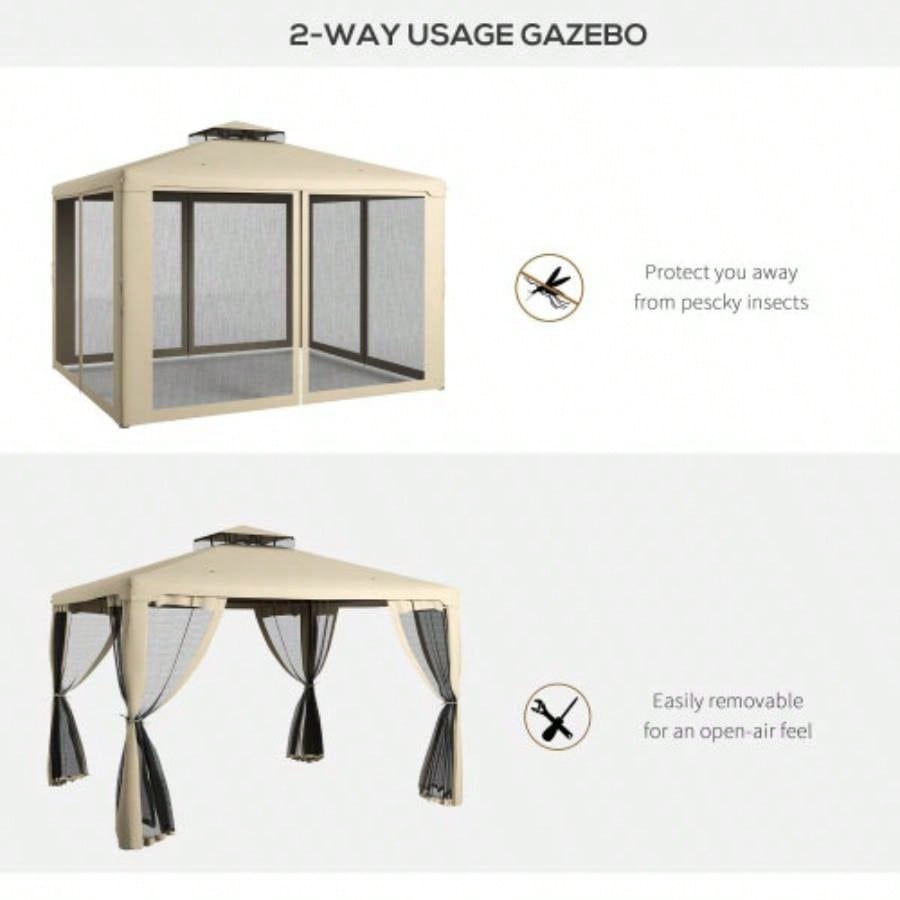 Outsunny 9.6x 11.6 Patio Gazebo, Outdoor Canopy Shelter with 2 - Tier Roof and Netting, Steel Frame Garden, Lawn, Backyard, and Deck, Taupe