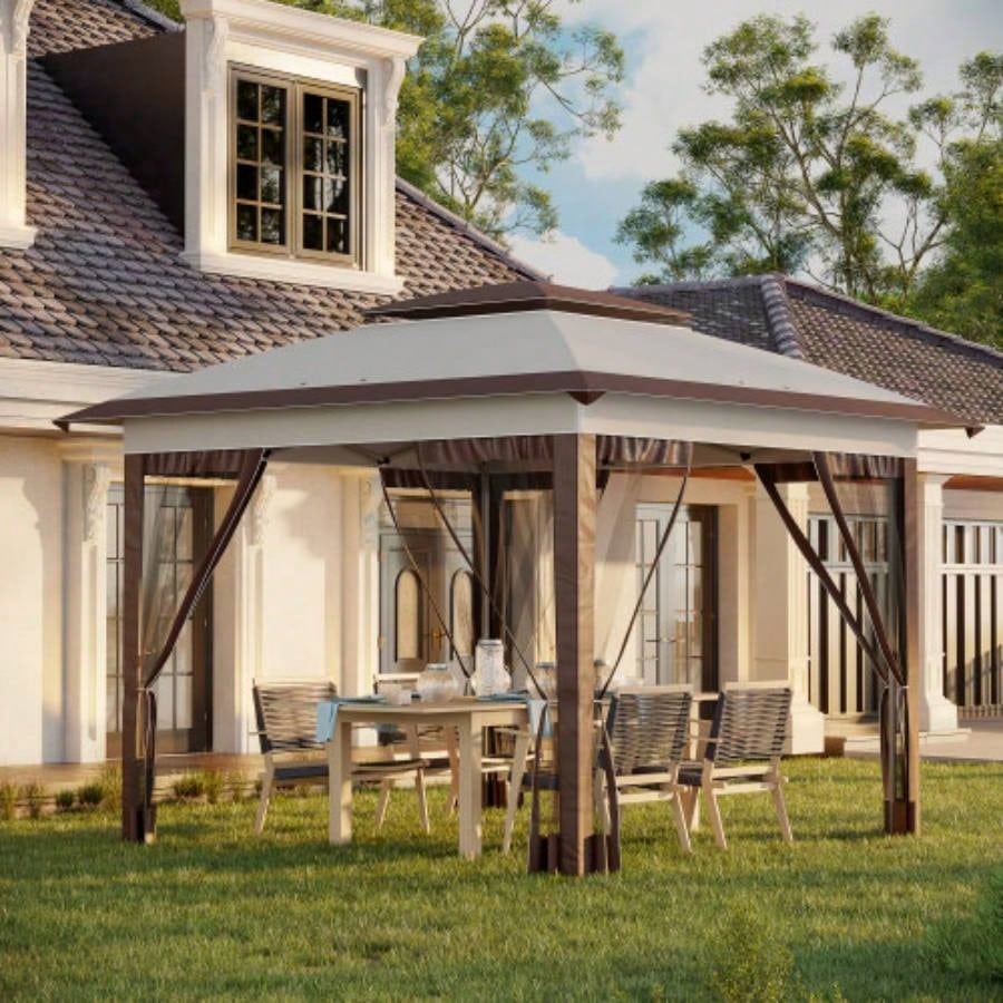 Outsunny 12x 12 Up Canopy Tent with Netting and Carry Bag, Instant Shelter with 137 sq. ft Shade, Tents Parties, Height Adjustable, Outdoor, Garden, Patio, Beige and Brown