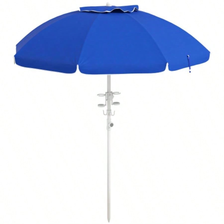 Outsunny 5. Portable Beach with Tilt, Adjustable Height, 2 Cup Holders Hooks, 40+ Ruffled Outdoor with Vented Canopy, Blue