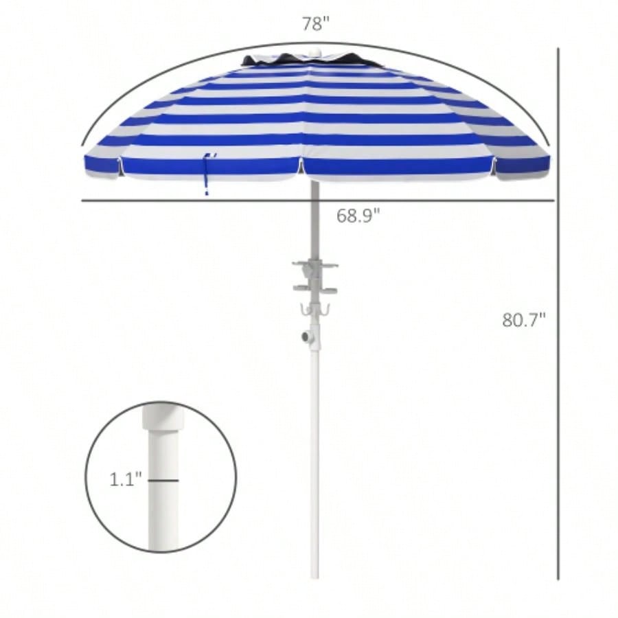 Outsunny 5. Portable Beach with Tilt, Adjustable Height, 2 Cup Holders Hooks, 40+ Ruffled Outdoor with Vented Canopy, Blue White Stripe