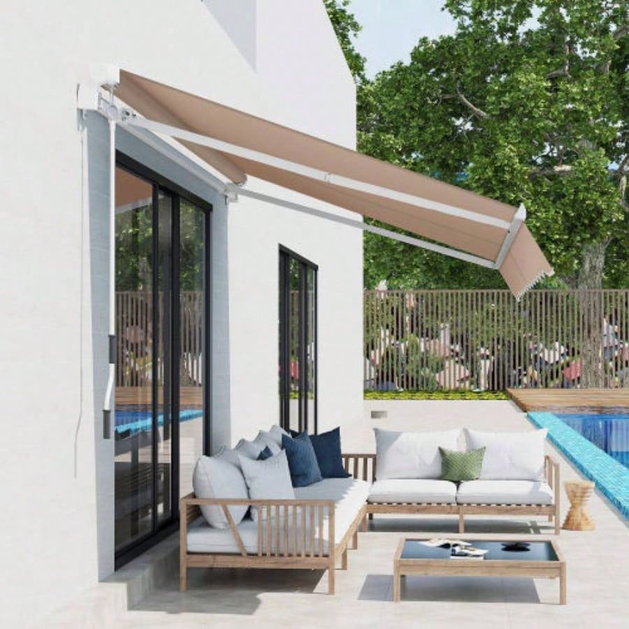 Outsunny 8x Patio Retractable Awning, Manual Exterior Shade Deck Window Cover, Brown