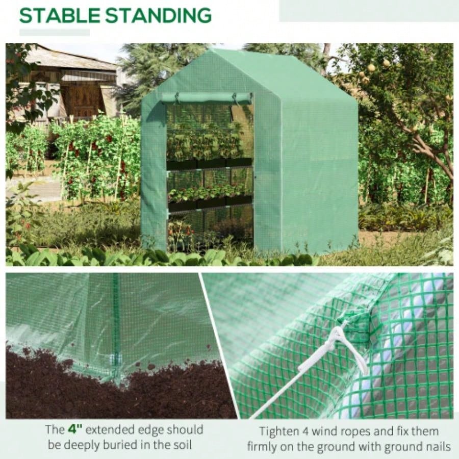 Outsunnyx 5x 6.5 Walk - in Greenhouse, PE Cover, 3 - Tier Shelves, Steel Frame Hot house, Roll - Up Zipper Door Flowers, Vegetables, Saplings, Tropical Plants, Green