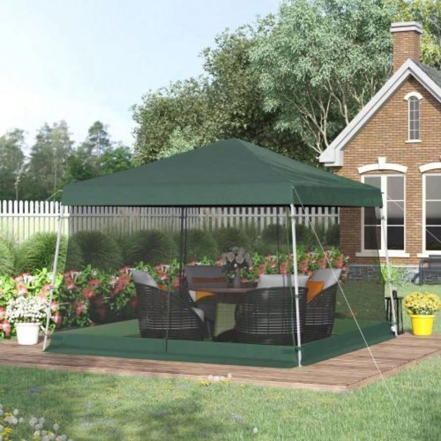 Outsunny Slant Leg Up Canopy Tent with Netting and Carry Bag, Instant Shelter, Tents Parties, Height Adjustable, Outdoor, Garden, Patio, 11.5x11.5 Base/ 10x10 Top Green