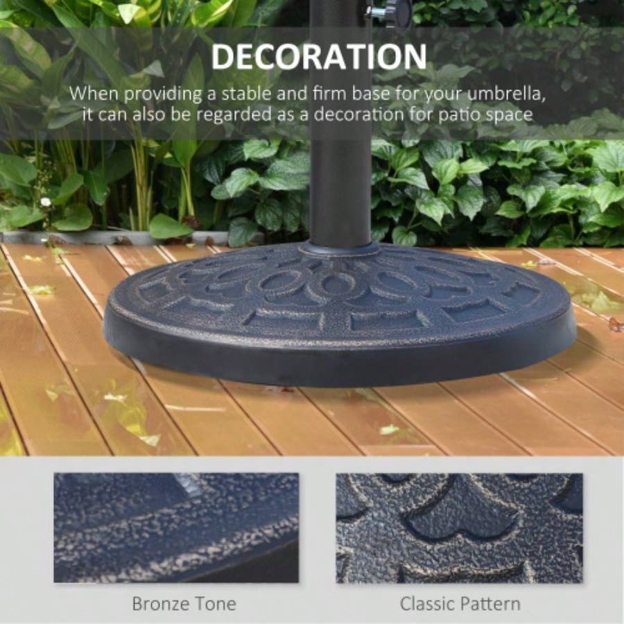 17 26 lbs Round Resin Base Stand Market Parasol Holder with Beautiful Decorative Pattern Easy Setup, 1.5 1.89 Pole, Lawn, Deck, Backyard, Garden, Bronze