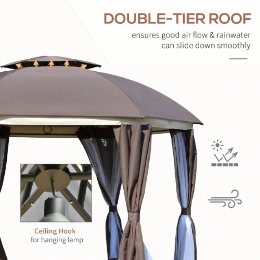 Outsunny 12x 12 Round Outdoor Gazebo, Patio Dome Gazebo Canopy Shelter with Double Roof, Netting Sidewalls and Curtains, Zippered Doors, Strong Steel Frame, Brown