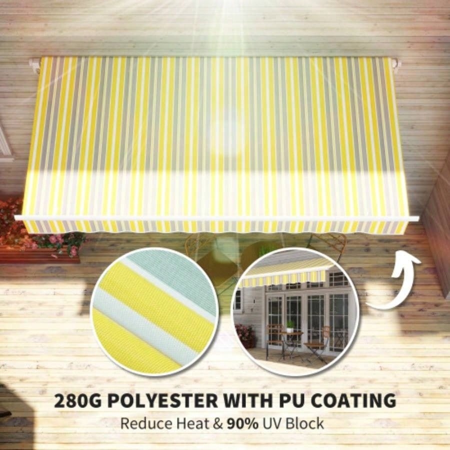 Outsunny 12x 10 Retractable Awning Patio Awnings Shade Shelter with Manual Crank Handle, 280g/ - Resistant Fabric and Aluminum Frame Deck, Balcony, Yard, Yellow and Gray