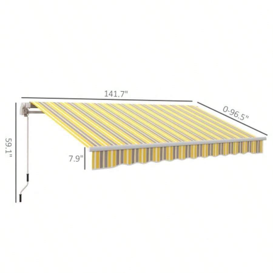 Outsunny 12x 10 Retractable Awning Patio Awnings Shade Shelter with Manual Crank Handle, 280g/ - Resistant Fabric and Aluminum Frame Deck, Balcony, Yard, Yellow and Gray