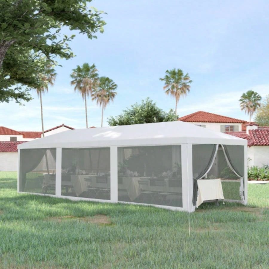 Outsunny 10x 28 Party Tent Canopy, Outdoor Event Shelter Gazebo with 8 Removable Mesh Sidewalls, Zipper Doors, Steel Frame, White
