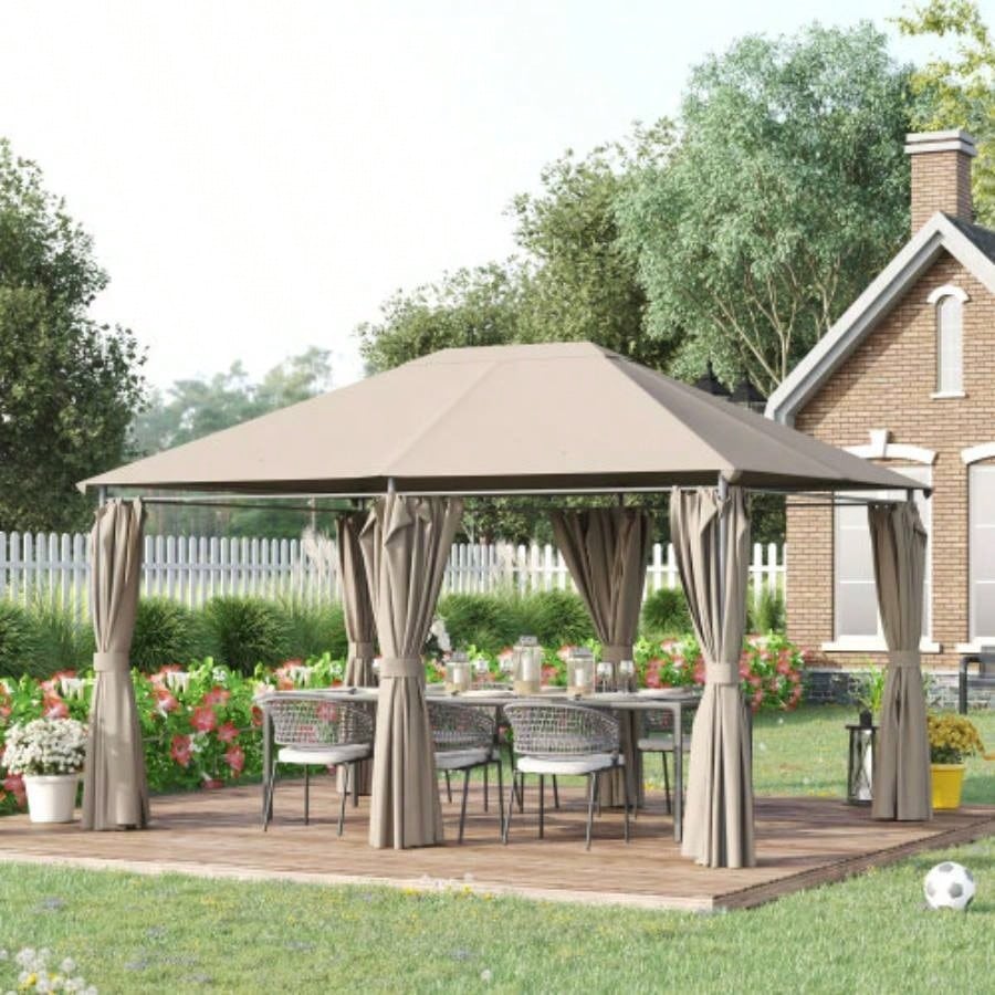 Outsunny 10x 13 Outdoor Patio Gazebo Canopy Shelter with 6 Removable Sidewalls, Steel Frame Garden, Lawn, Backyard and Deck, Khaki