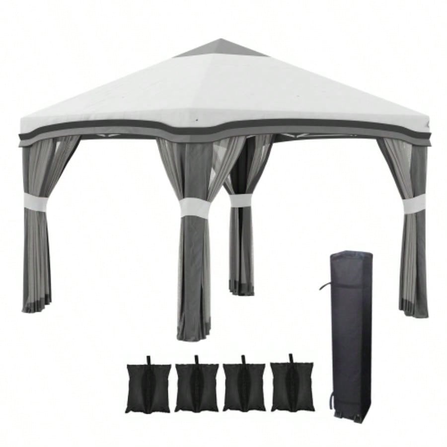 Outsunny 10x 10 Up Canopy Tent with Netting, Instant Tents Parties, Height Adjustable, with Wheeled Carry Bag and 4 Sand Bags Outdoor, Garden, Patio, Gray