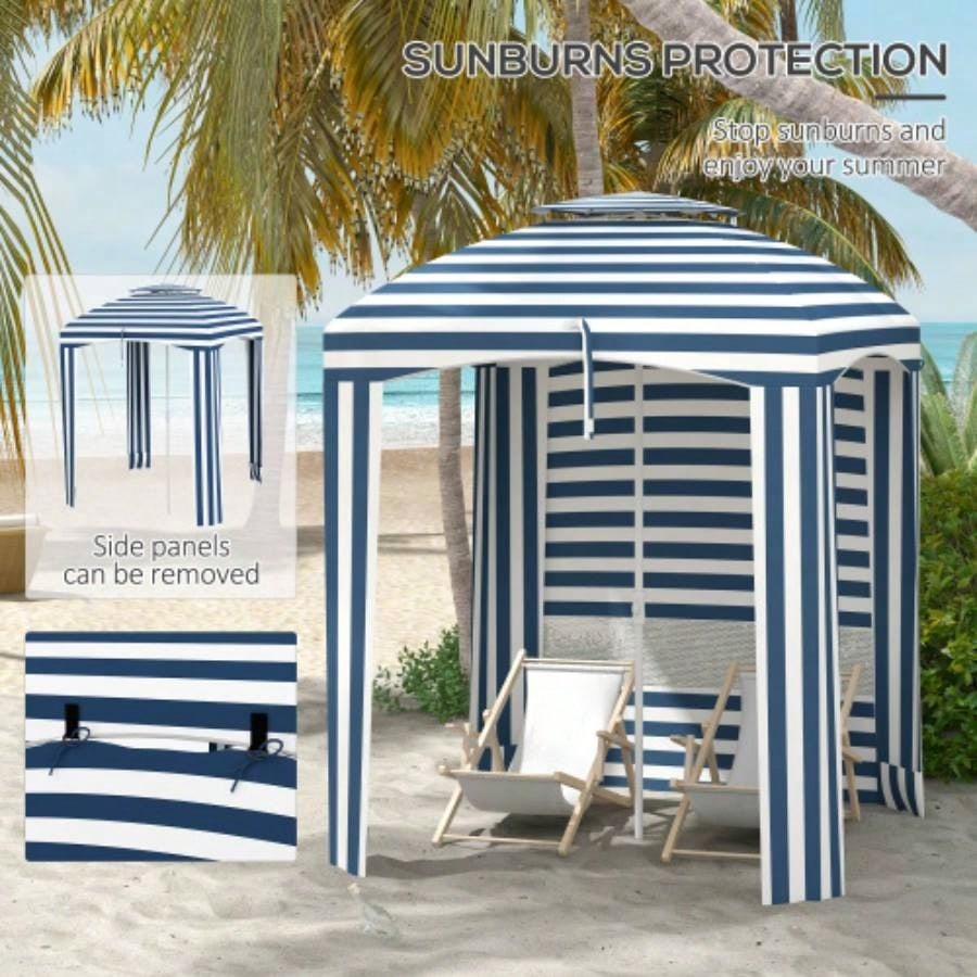 Outsunny 5.8x 5.8 Portable Beach with Double - Top, Ruffled Outdoor Cabana with Walls, Vents, Sandbags, Carry Bag, Blue White Stripe