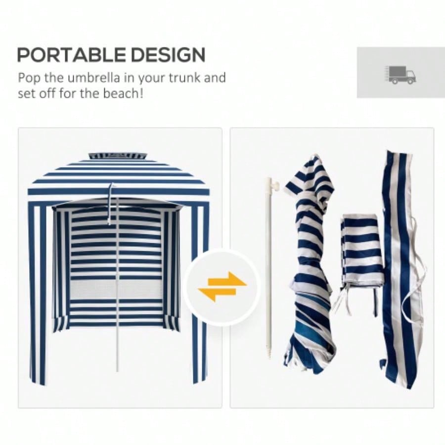 Outsunny 5.8x 5.8 Portable Beach with Double - Top, Ruffled Outdoor Cabana with Walls, Vents, Sandbags, Carry Bag, Blue White Stripe