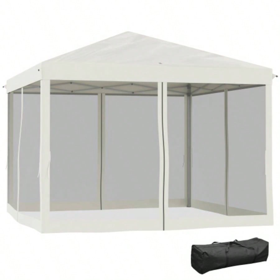 Outsunny 10x 10 Up Canopy Tent with Netting, Instant Gazebo, Ez up Screen House Room with Carry Bag, Height Adjustable, Outdoor, Garden, Patio, Beige