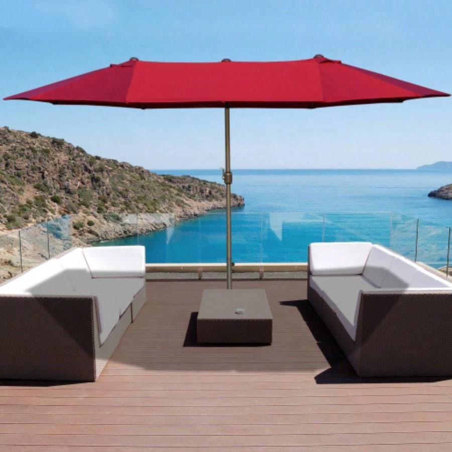 Outsunny Patio 15 Steel Rectangular Outdoor Double Sided Market with base, Easy Crank Deck Pool Patio, Wine Red