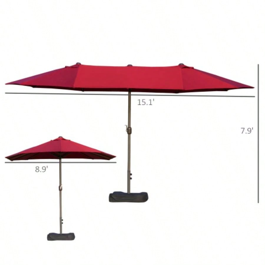Outsunny Patio 15 Steel Rectangular Outdoor Double Sided Market with base, Easy Crank Deck Pool Patio, Wine Red