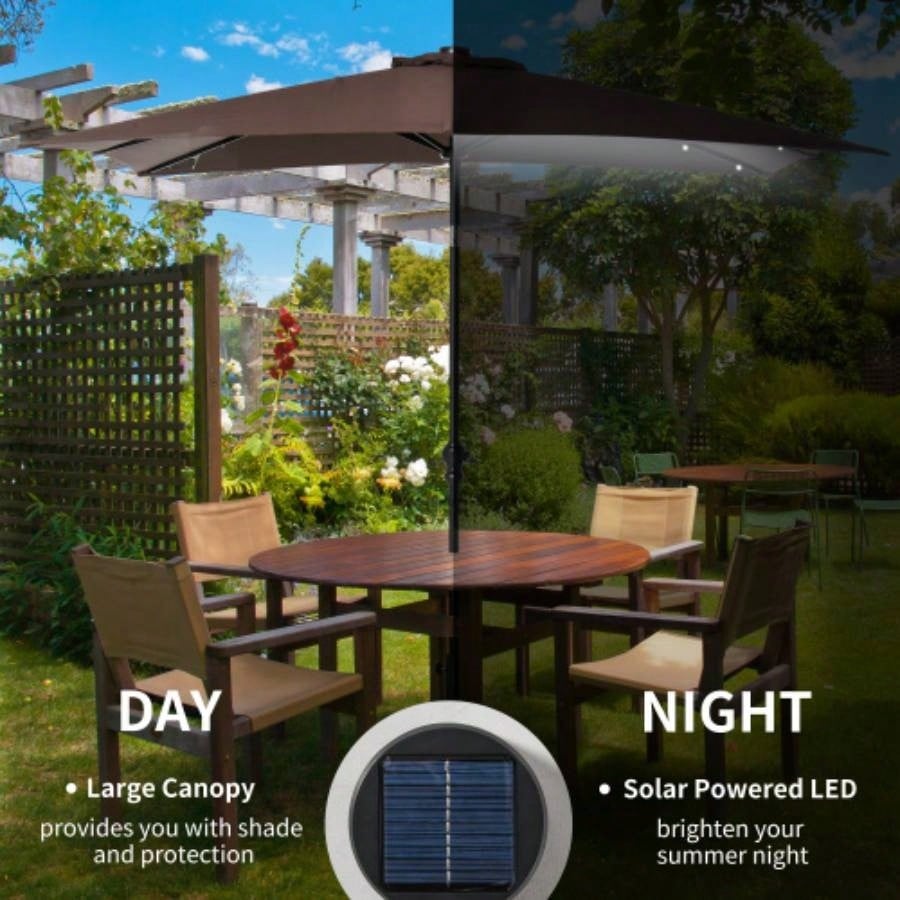 Outsunny 9x, LED Lighted Patio Table or Base with Tilt Crank, Outdoor Garden, Deck, Backyard, Pool, Beach, Brown