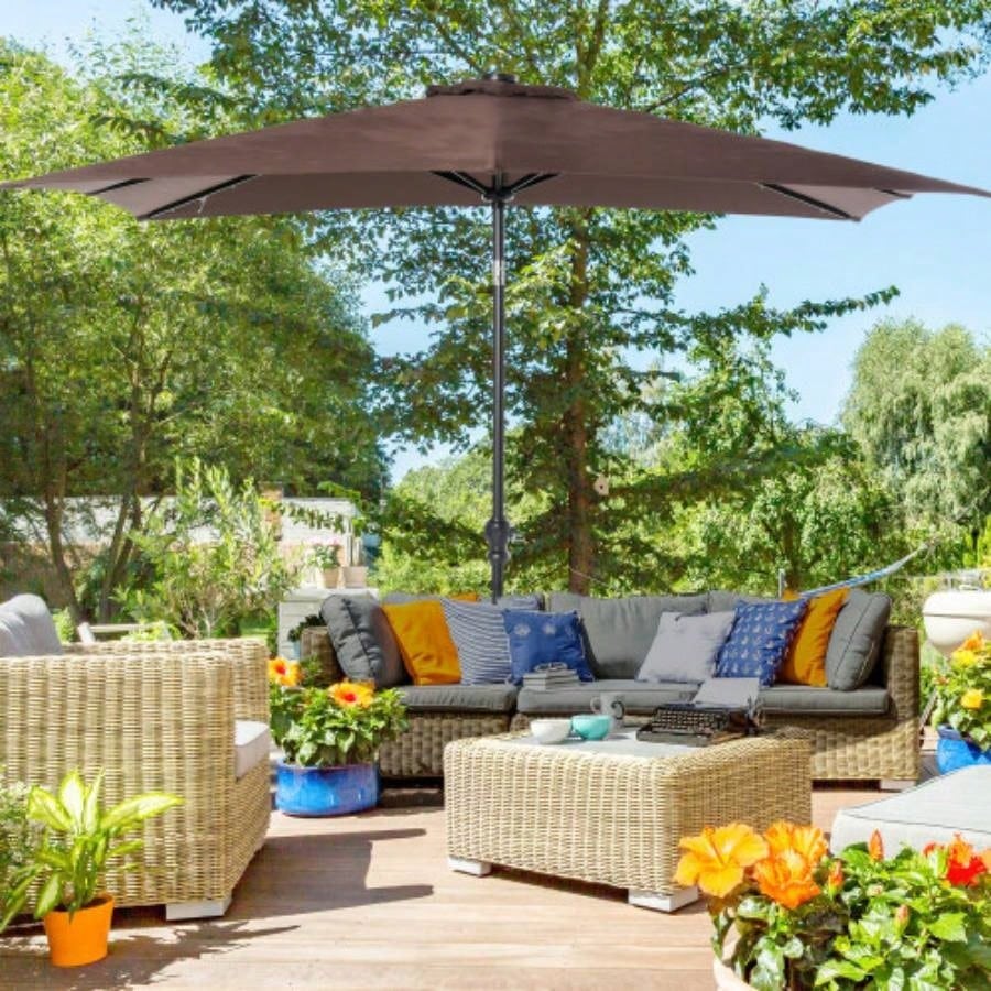 Outsunny 9x, LED Lighted Patio Table or Base with Tilt Crank, Outdoor Garden, Deck, Backyard, Pool, Beach, Brown