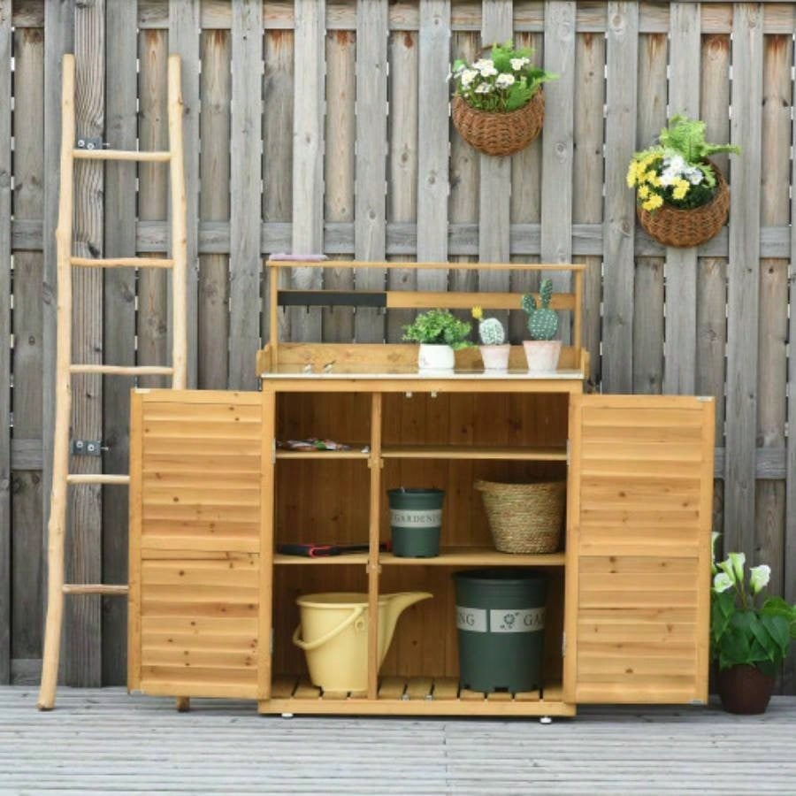 Garden Potting Table Wooden Workstation Shed with Tabletop, Hooks, 3 - Tier Shelves Cabinet and 2 Magnetic Close Doors