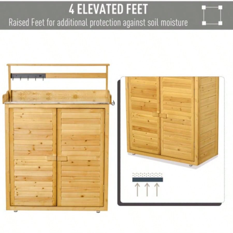 Garden Potting Table Wooden Workstation Shed with Tabletop, Hooks, 3 - Tier Shelves Cabinet and 2 Magnetic Close Doors