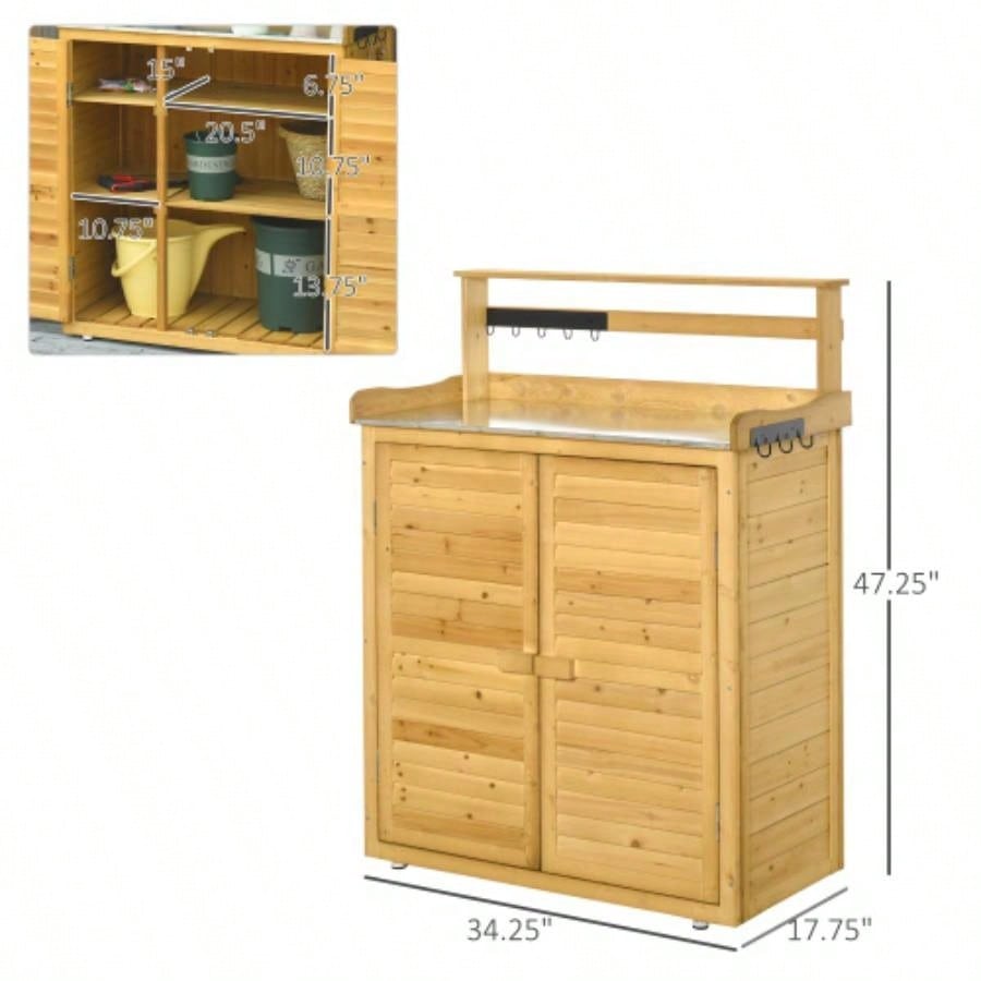 Garden Potting Table Wooden Workstation Shed with Tabletop, Hooks, 3 - Tier Shelves Cabinet and 2 Magnetic Close Doors