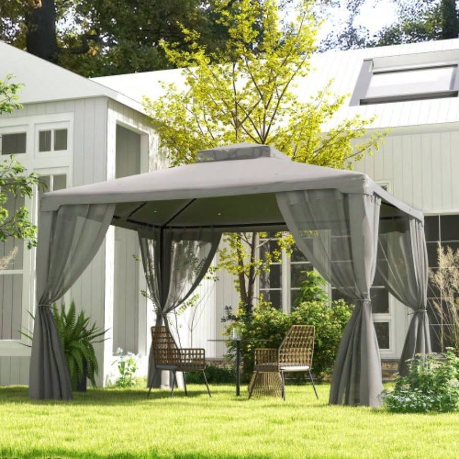 Outsunny 9.6x 11.6 Patio Gazebo, Outdoor Canopy Shelter with 2 - Tier Roof and Netting, Steel Frame Garden, Lawn, Backyard, and Deck, Gray