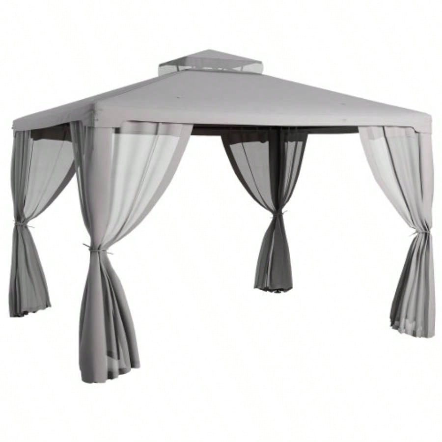 Outsunny 9.6x 11.6 Patio Gazebo, Outdoor Canopy Shelter with 2 - Tier Roof and Netting, Steel Frame Garden, Lawn, Backyard, and Deck, Gray