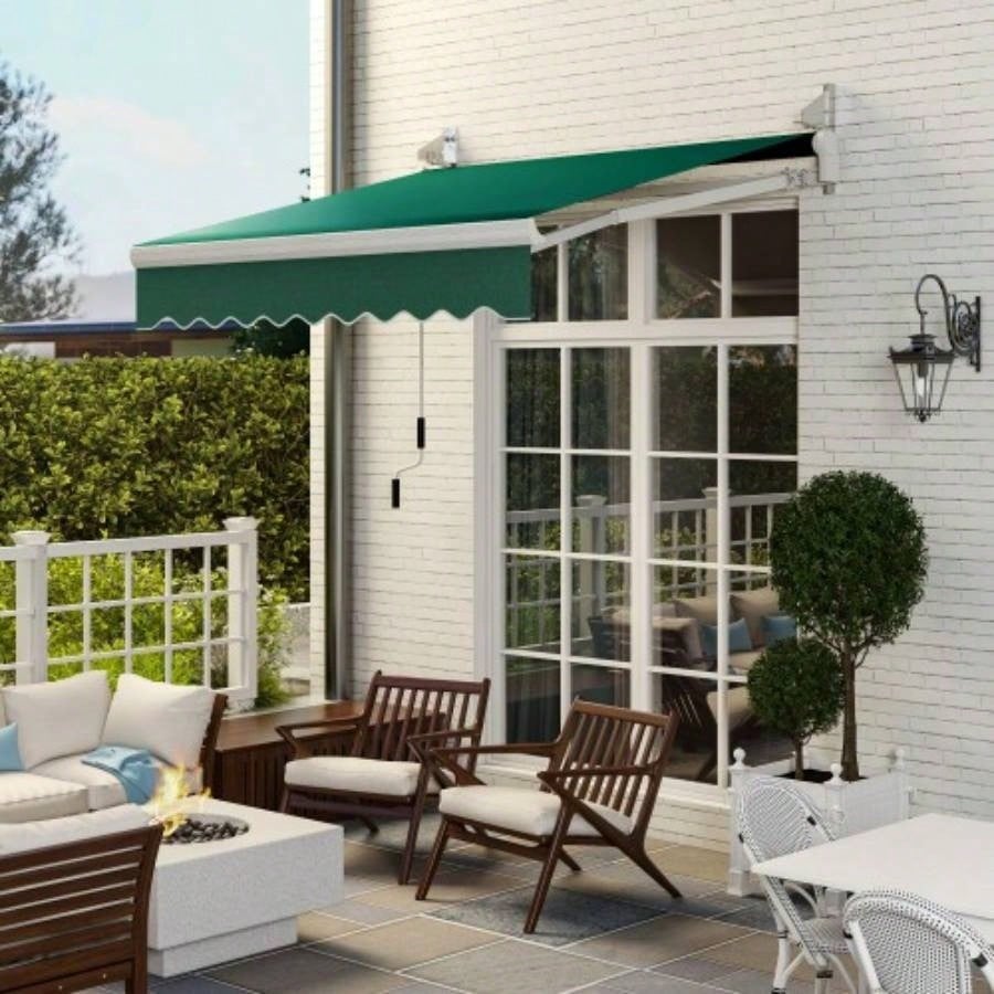 Outsunny 8x Patio Retractable Awning, Manual Exterior Shade Deck Window Cover, Green