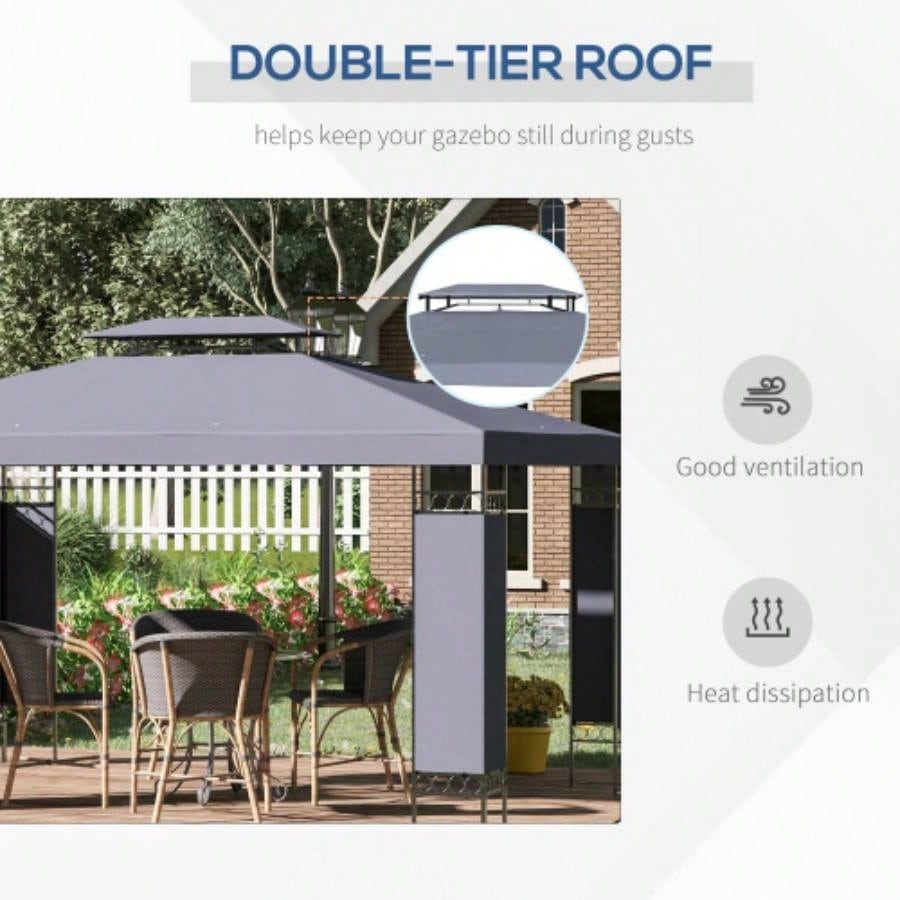 Outsunny 10x 13 Patio Gazebo, Double Roof Outdoor Gazebo Canopy Shelter with Screen Decorate Corner Frame, Garden, Lawn, Backyard and Deck, Gray