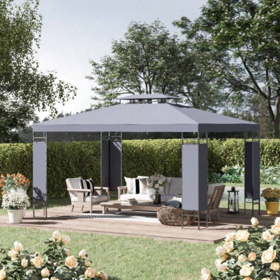 Outsunny 10x 13 Patio Gazebo, Double Roof Outdoor Gazebo Canopy Shelter with Screen Decorate Corner Frame, Garden, Lawn, Backyard and Deck, Gray