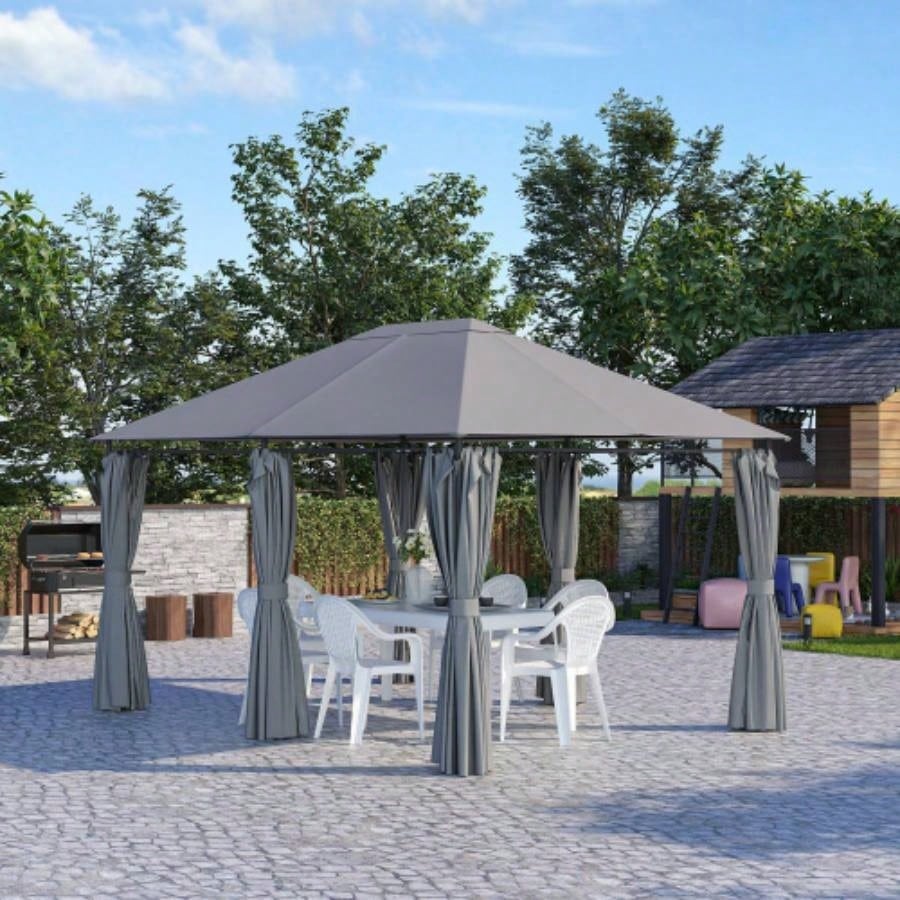 Outsunny 10x 13 Outdoor Patio Gazebo, Canopy Shelter with 6 Removable Sidewalls Steel Frame Garden, Lawn, Backyard Deck, Gray