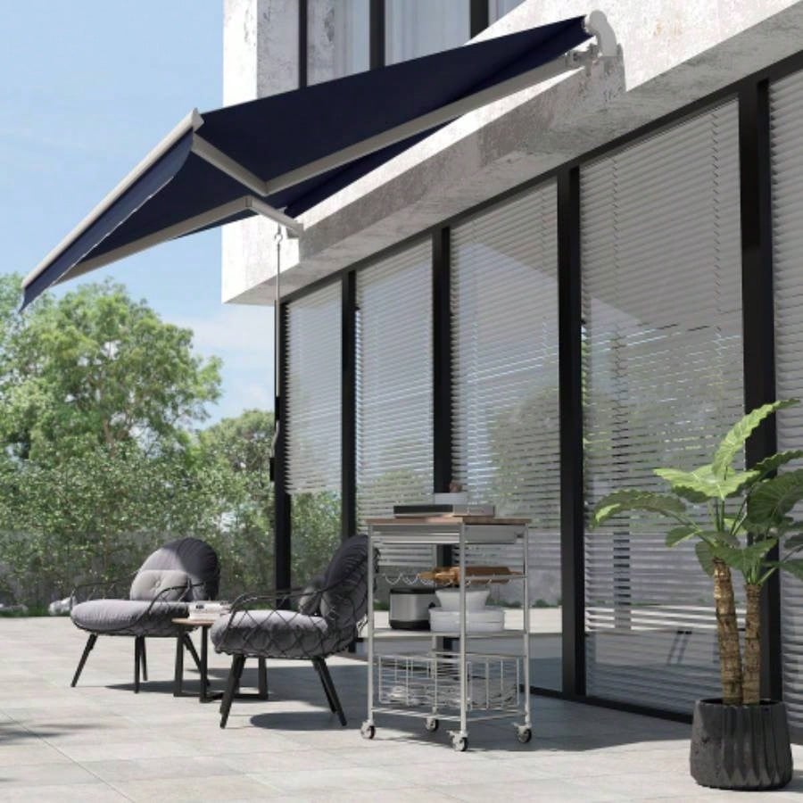 Outsunny 10x 8 Retractable Awning, Patio Awnings, Sunshade Shelter/ Manual Crank Handle, - Resistant Fabric and Aluminum Frame Deck, Balcony, Yard, Blue