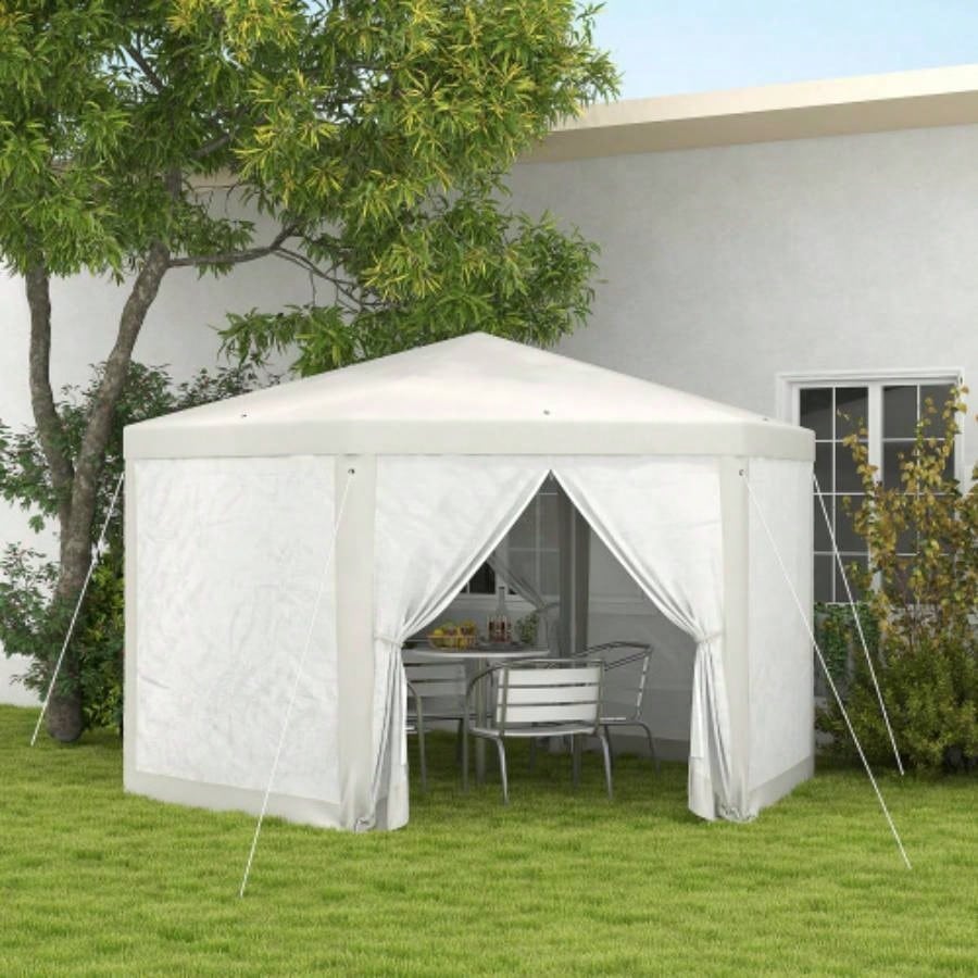 Outsunny 13x 11 Outdoor Party Tent, Hexagon Shade Shelter Canopy with Protective Mesh Screen Sidewalls, Ropes Stakes, White