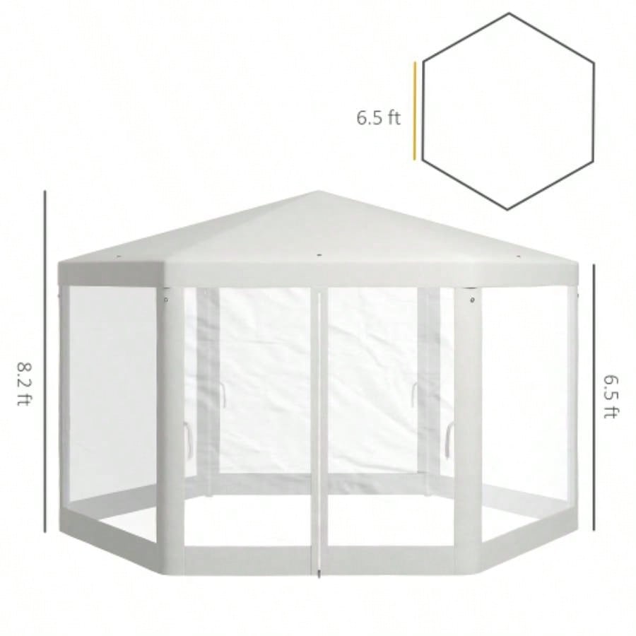 Outsunny 13x 11 Outdoor Party Tent, Hexagon Shade Shelter Canopy with Protective Mesh Screen Sidewalls, Ropes Stakes, White
