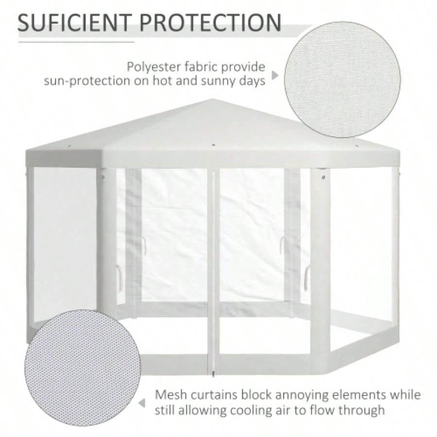 Outsunny 13x 11 Outdoor Party Tent, Hexagon Shade Shelter Canopy with Protective Mesh Screen Sidewalls, Ropes Stakes, White