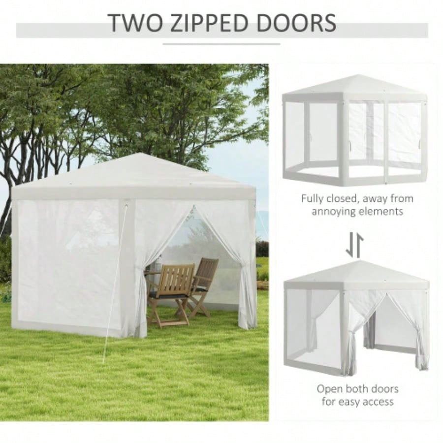 Outsunny 13x 11 Outdoor Party Tent, Hexagon Shade Shelter Canopy with Protective Mesh Screen Sidewalls, Ropes Stakes, White