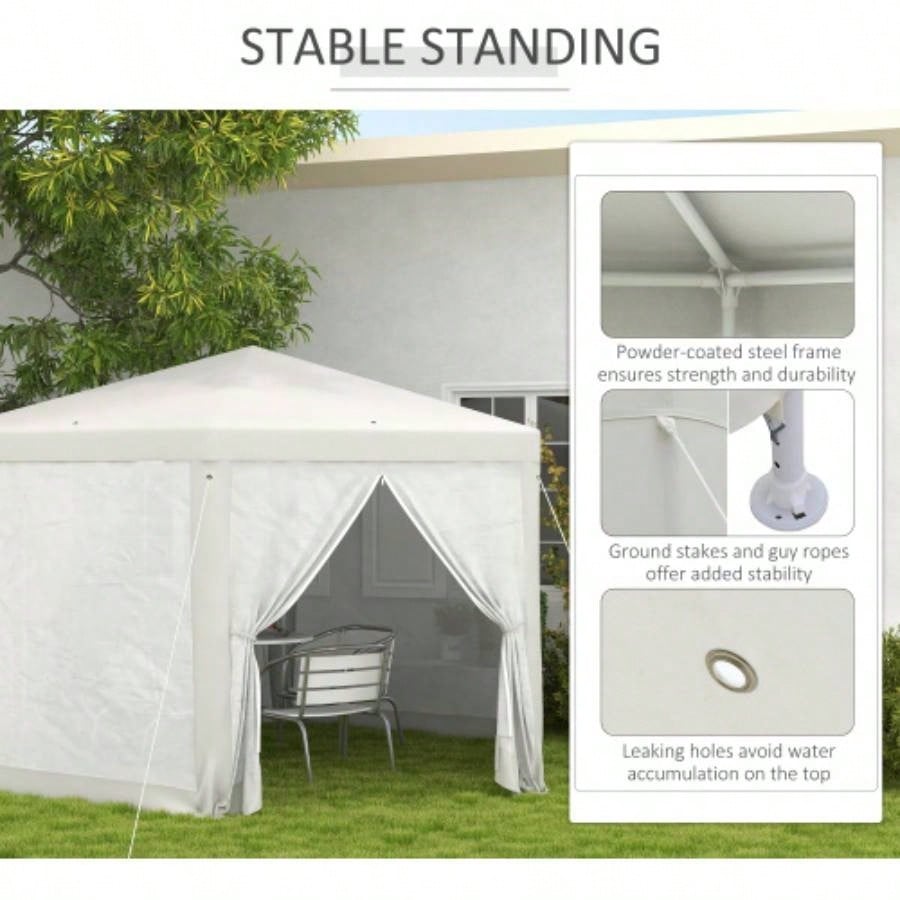 Outsunny 13x 11 Outdoor Party Tent, Hexagon Shade Shelter Canopy with Protective Mesh Screen Sidewalls, Ropes Stakes, White
