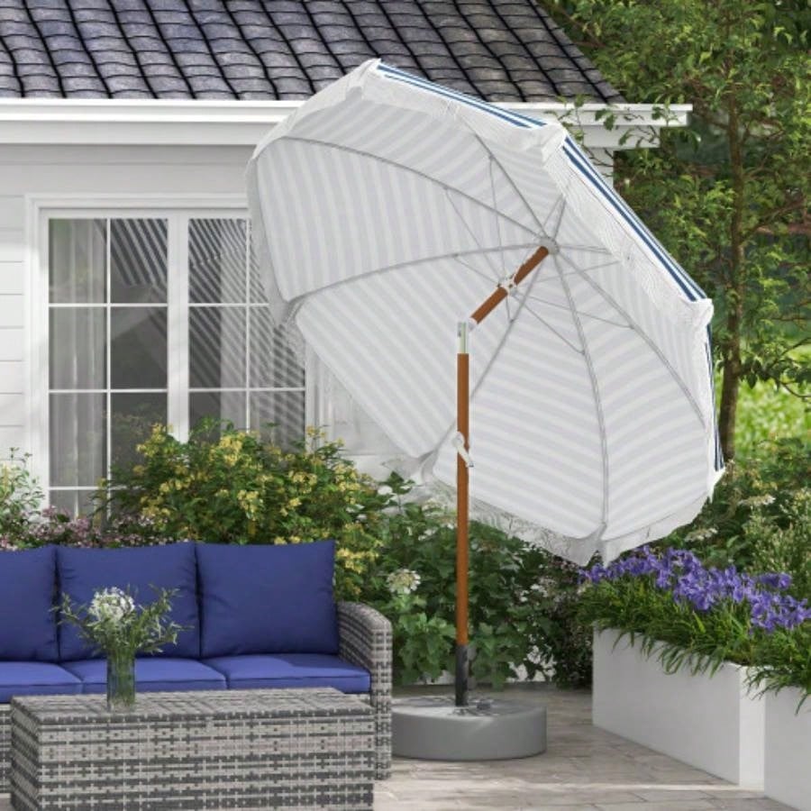 Outsunnyx ft Outdoor Patio with Tilt, Vent, Market Table Parasol with Fringed Ruffles and Flounce, Blue Strip