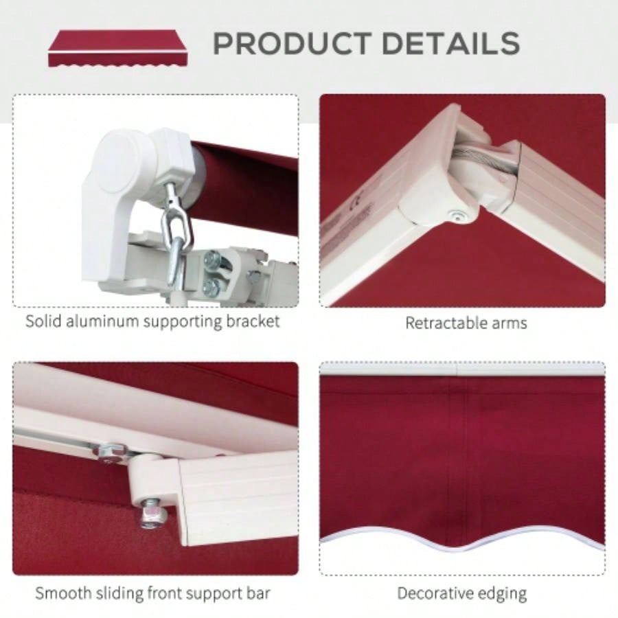 Outsunny 8x Patio Retractable Awning, Manual Exterior Shade Deck Window Cover, Wine Red