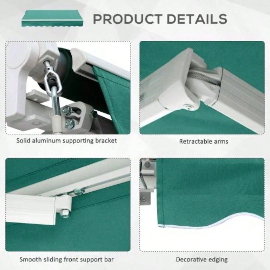 Outsunny 10x 8 Retractable Awning, Patio Awnings, Sunshade Shelter/ Manual Crank Handle, - Resistant Fabric and Aluminum Frame Deck, Balcony, Yard, Green
