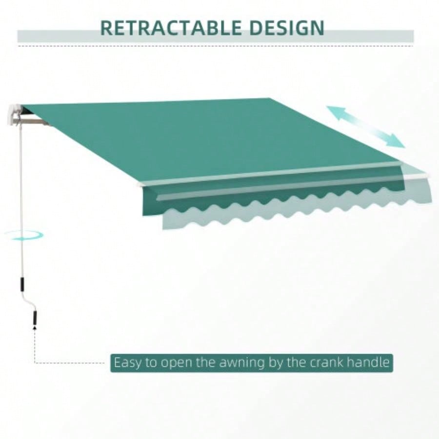 Outsunny 10x 8 Retractable Awning, Patio Awnings, Sunshade Shelter/ Manual Crank Handle, - Resistant Fabric and Aluminum Frame Deck, Balcony, Yard, Green