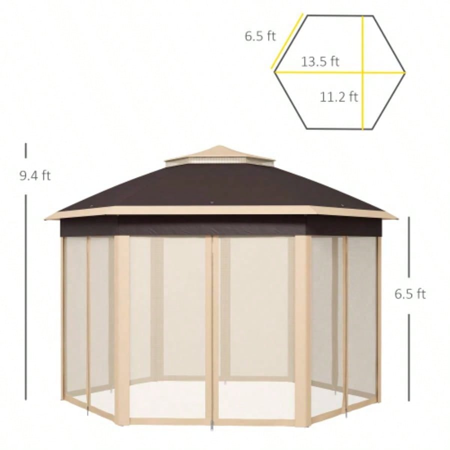Outsunny 13x 13 Up Gazebo, Hexagonal Canopy Shelter with 6 Zippered Mesh Netting, Event Tent with Strong Steel Frame Patio, Backyard, Garden, Wedding, Party, Beige