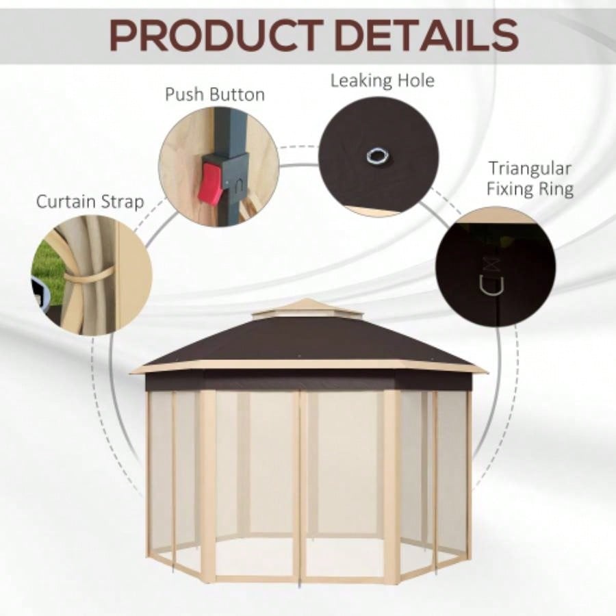 Outsunny 13x 13 Up Gazebo, Hexagonal Canopy Shelter with 6 Zippered Mesh Netting, Event Tent with Strong Steel Frame Patio, Backyard, Garden, Wedding, Party, Beige