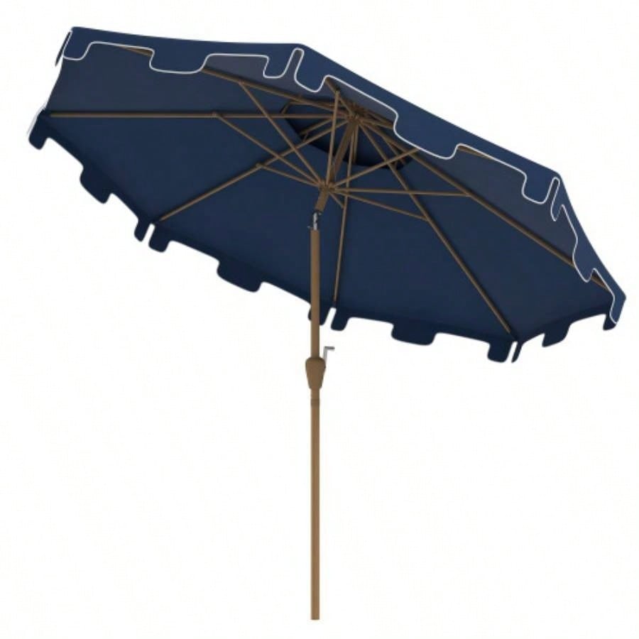 Outsunny 9 Patio with Push Button Tilt and Crank, Double Top Ruffled Outdoor Market Table with 8 Ribs, Garden, Deck, Pool, Dark Blue
