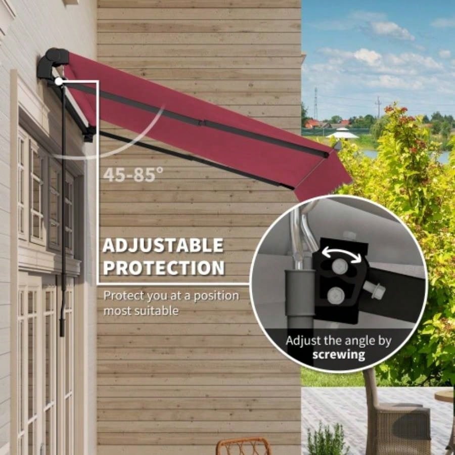 Outsunny 10x 8 Retractable Awning, Patio Awnings, Sunshade Shelter/ Manual Crank Handle, - Resistant Fabric and Aluminum Frame Deck, Balcony, Yard, Red