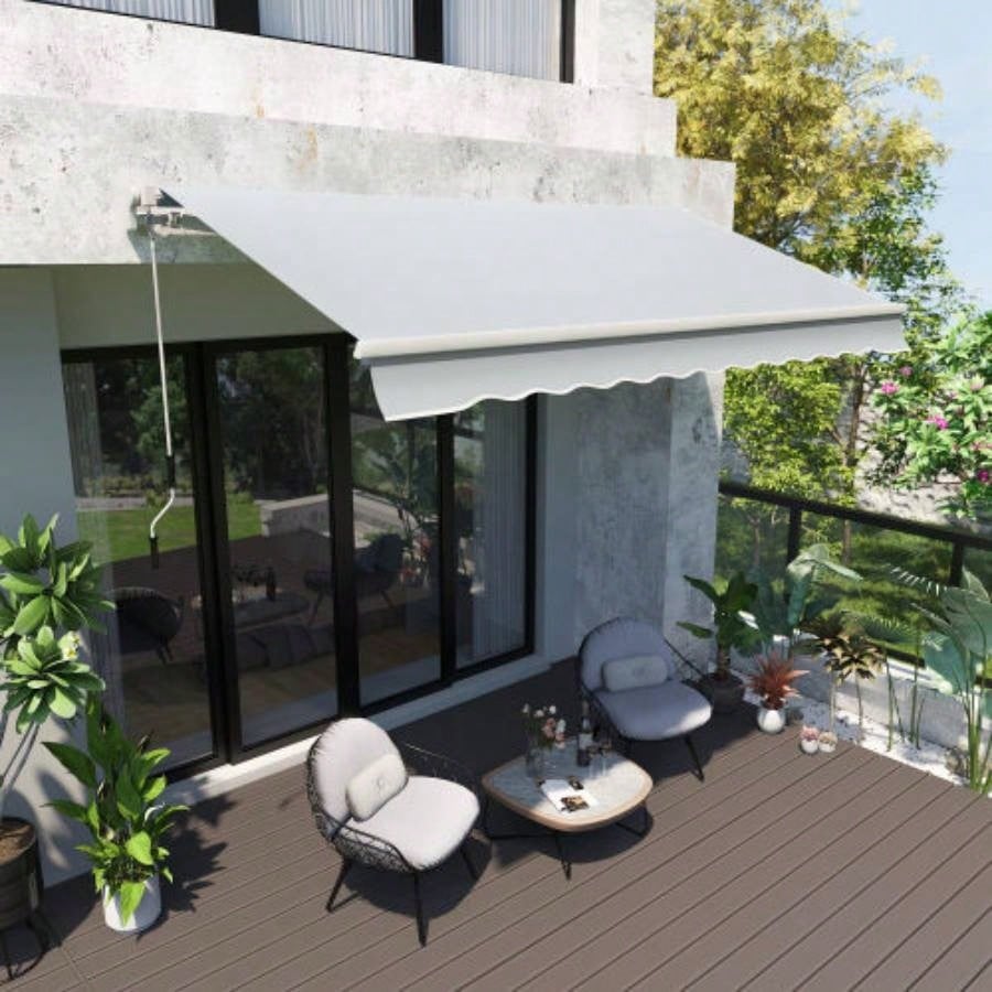 Outsunny 12x 8 Retractable Awning Patio Awnings Shade Shelter with Manual Crank Handle, 280g/ - Resistant Fabric and Aluminum Frame Deck, Balcony, Yard, Light