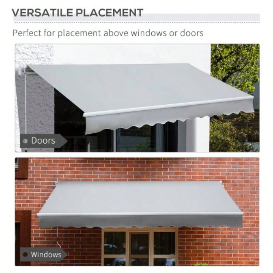 Outsunny 12x 8 Retractable Awning Patio Awnings Shade Shelter with Manual Crank Handle, 280g/ - Resistant Fabric and Aluminum Frame Deck, Balcony, Yard, Light