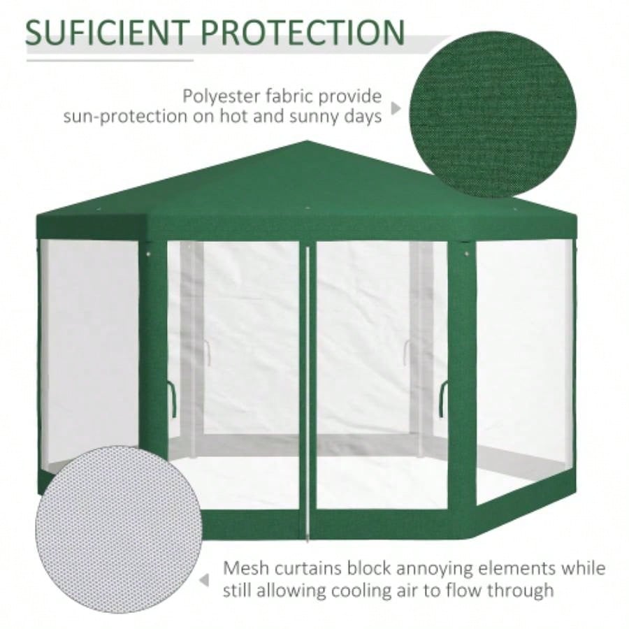 Outsunny 13x 11 Outdoor Party Tent, Hexagon Shade Shelter Canopy with Protective Mesh Screen Sidewalls, Ropes Stakes, Green