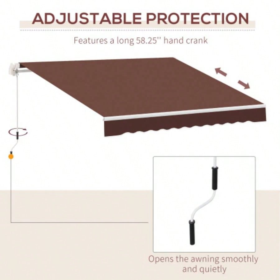 Outsunny 12x 8 Retractable Awning Patio Awnings Shade Shelter with Manual Crank Handle, 280g/ - Resistant Fabric and Aluminum Frame Deck, Balcony, Yard, Brown
